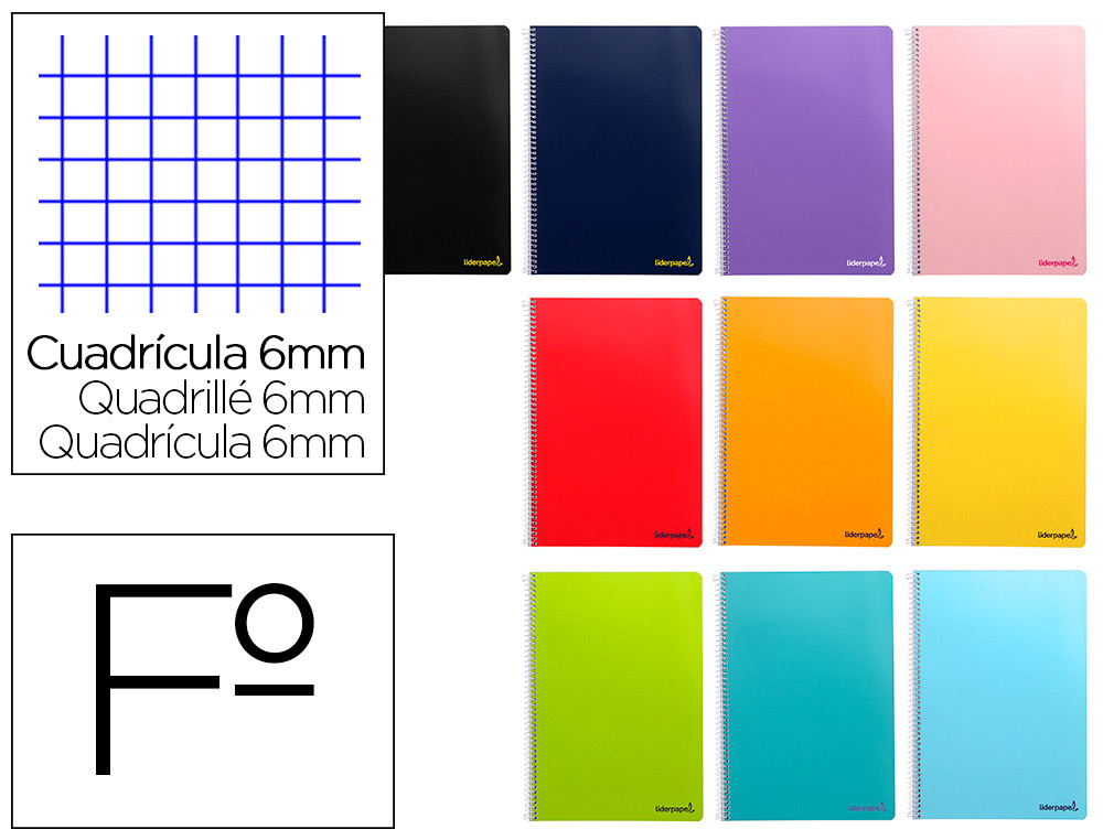 CUADERNO ESPIRAL LIDERPAPEL FOLIO SMART TAPA BLANDA 80H 60GR CUADRO 6MM CON MARGEN COLORES SURTIDOS