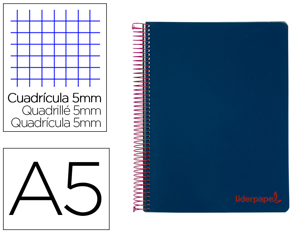 CUADERNO ESPIRAL LIDERPAPEL A5 MICRO WONDER TAPA PLASTICO 120H 90GR CUADRO 5MM 5 BANDAS 6 TALADROS COLOR AZUL MARINO