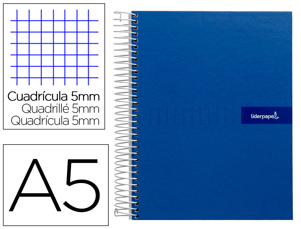 CUADERNO ESPIRAL LIDERPAPEL A5 MICRO CRAFTY TAPA FORRADA 120H 90GR CUADRO 5MM 5 BANDAS 6 TALADROS COLOR AZUL