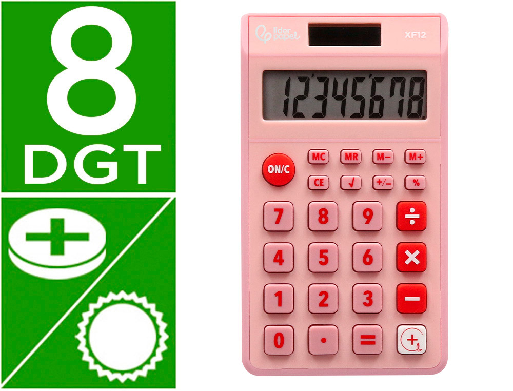 CALCULADORA LIDERPAPEL BOLSILLO XF12 8 DIGITOS SOLAR Y PILAS COLOR ROSA 115X65X8 MM