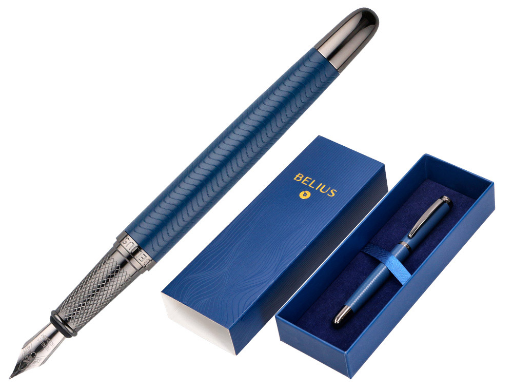PLUMA BELIUS NEPTUNO ALUMINIO TEXTURA WAVY COLOR AZUL MARINO TINTA AZUL CAJA DE DISEÑO