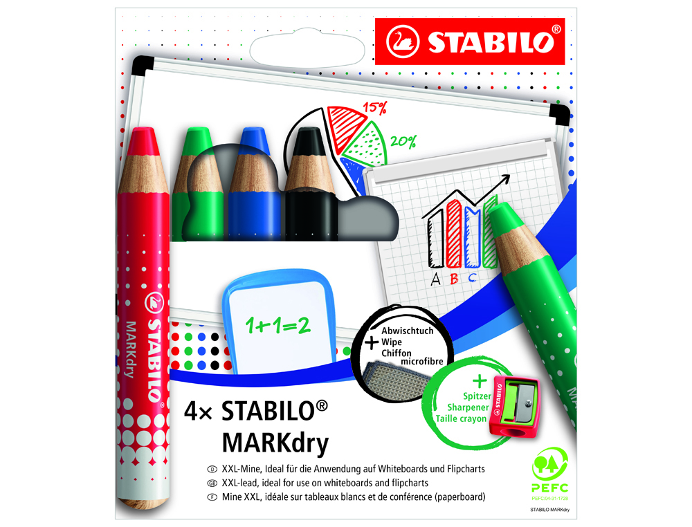 LAPIZ MARCADOR EN SECO STABILO MARKDRY PARA PIZARRA BLANCA ESTUCHE DE 4 UNIDADES COLORES SURTIDOS