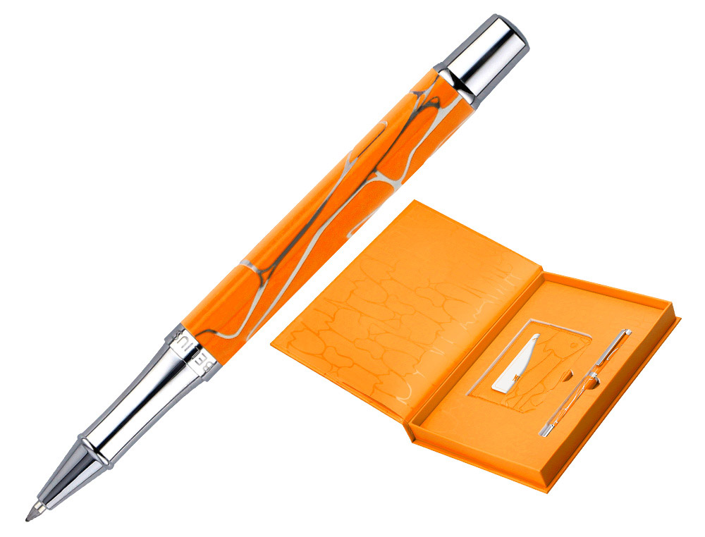 BOLIGRAFO Y WALLET BELIUS COCKTAILS MISOSA ALUMINIO NARANJA PLATEADO RELIEVE TINTACOLOR AZUL CAJA DE DISEO