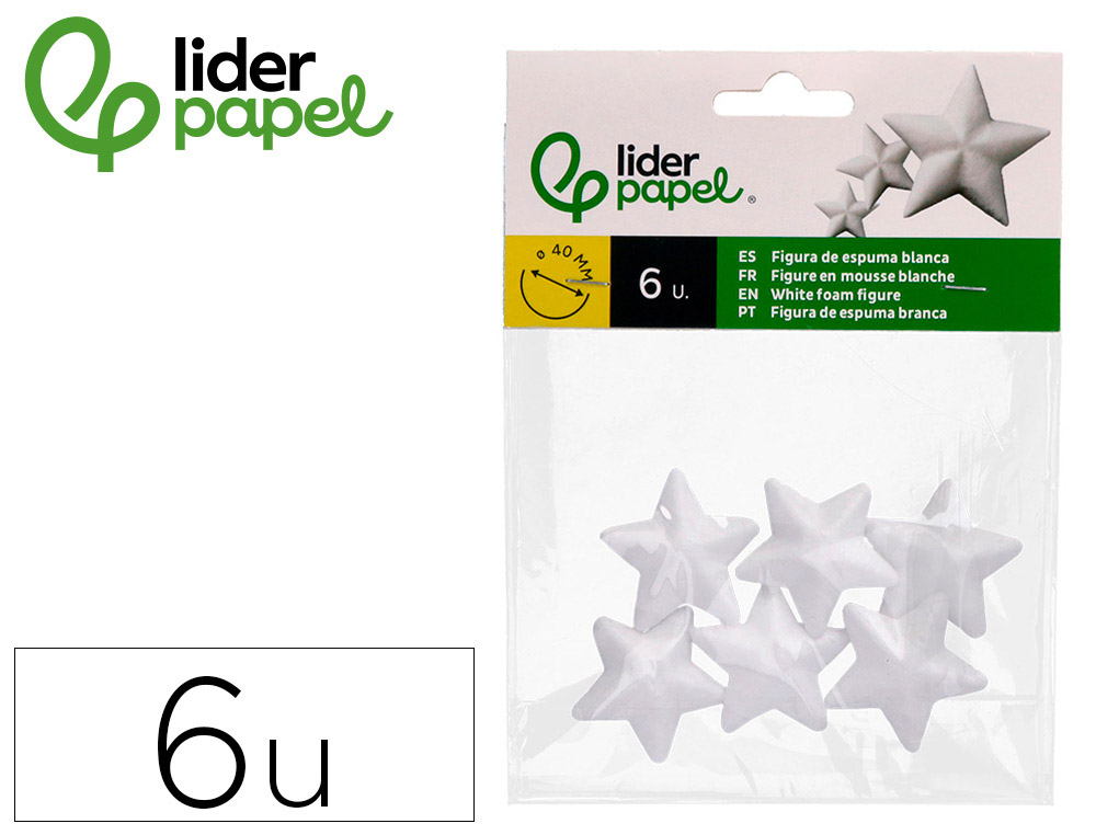 FIGURA DE ESPUMA BLANCA LIDERPAPEL ESTRELLA DE 4 CM BOLSA CON 6 UNIDADES