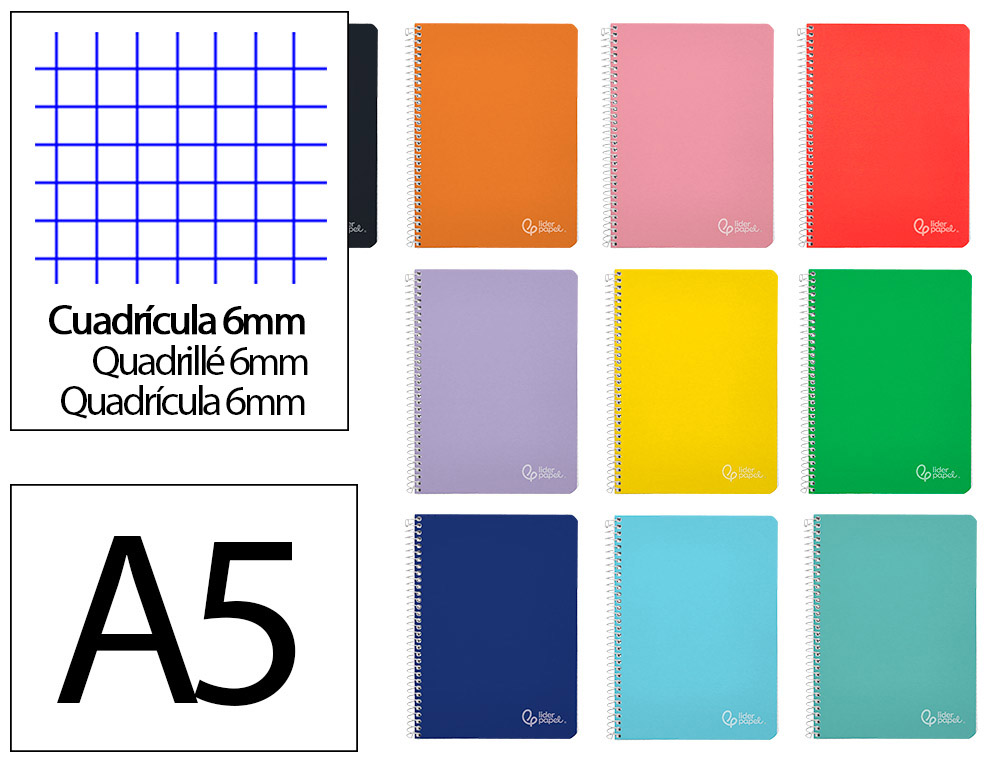 CUADERNO ESPIRAL LIDERPAPEL A5 WITTY TAPA DURA 80H 90GR CUADRO 6MM CON MARGEN COLORES SURTIDOS