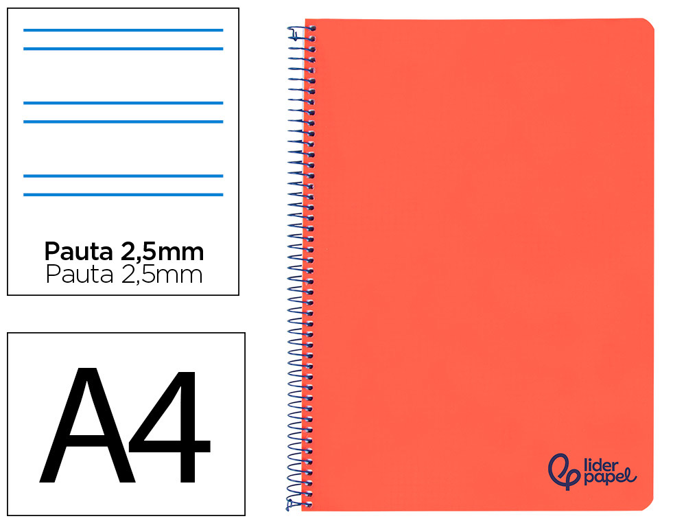CUADERNO ESPIRAL LIDERPAPEL A4 WONDER TAPA PLASTICO 80H 90GR PAUTA ESTRECHA 2,5MM CON MARGEN COLOR ROJO