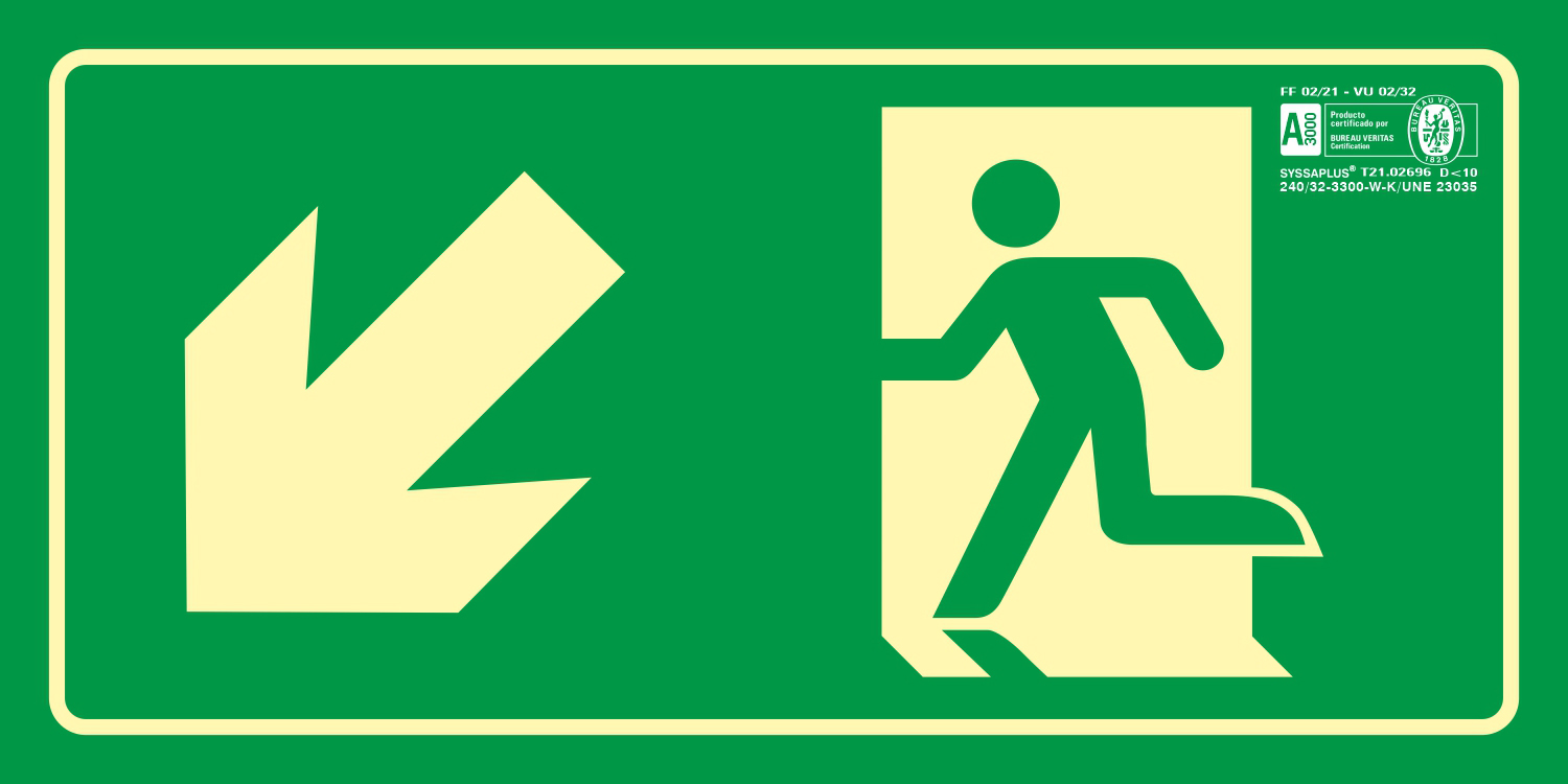 PICTOGRAMA SYSSA SEÑAL DE SALIDA EMERGENCIA IZQUIERDA ESCALERA BAJANDO EN PVC FOTOLUMINISCENTE 320X160 MM