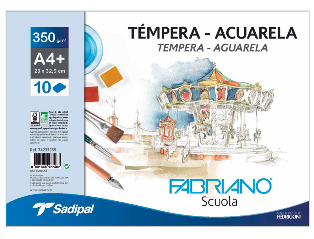 BLOC DIBUJO ACUARELA SADIPAL FABRIANO ESPIRAL DIN A4+ 10 HOJAS 350 G/M2 GRANO SUAVE