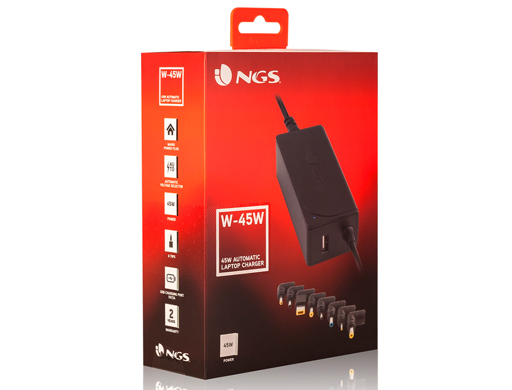 ADAPTADOR DE CORRIENTE NGS AUTOMATIC 45W CON 8 ADAPTADORES Y SALIDA USB 2A