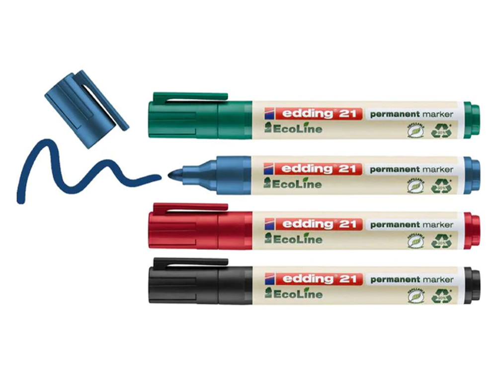 ROTULADOR EDDING 21 MARCADOR PERMANENTE ECOLINE 90% RECICLADO BOLSA 4 COLORES SURTIDOS PUNTA REDONDA 1,5-3