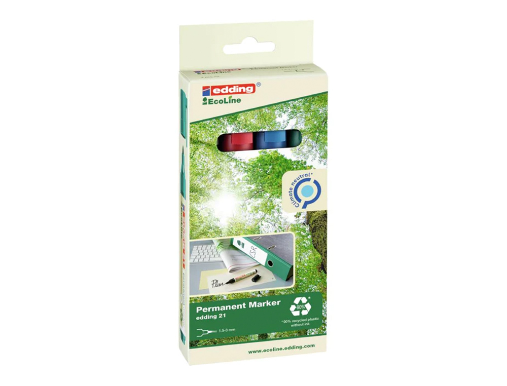 ROTULADOR EDDING 21 MARCADOR PERMANENTE ECOLINE 90% RECICLADO BOLSA 4 COLORES SURTIDOS PUNTA REDONDA 1,5-3
