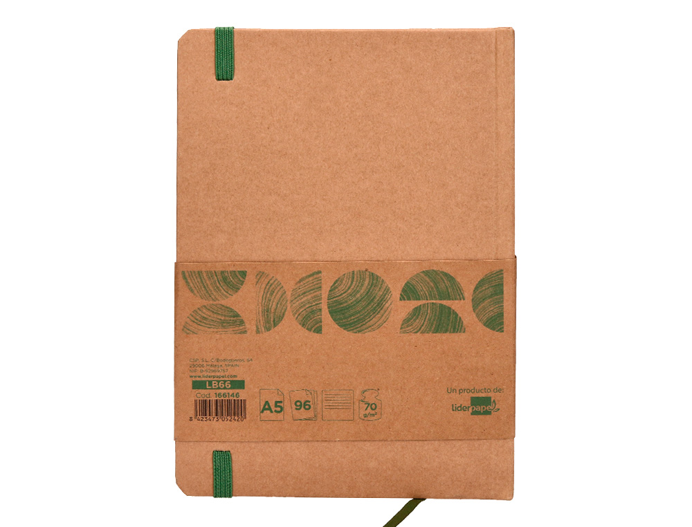 LIBRETA LIDERPAPEL ECOUSE 100% RECICLADA A5 96 HOJAS 70GR HORIZONTAL CON GOMILLA Y MARCA PAGINAS