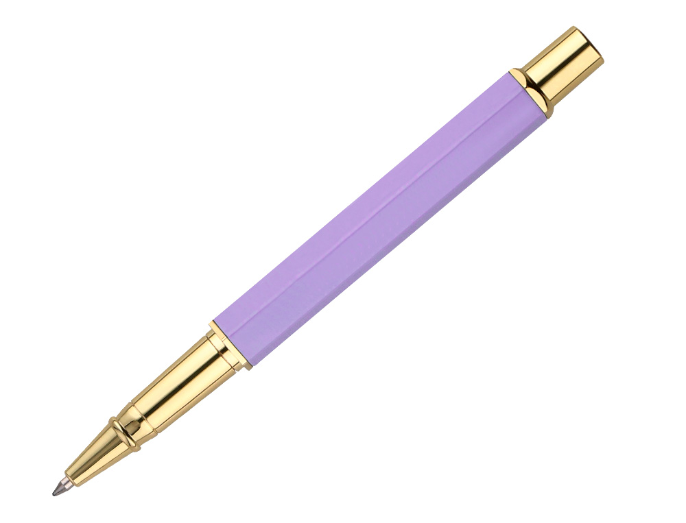 BOLIGRAFO BELIUS MACARON BLISS FORMA HEXAGONAL COLOR MORADO Y DORADO TINTA AZUL CAJA DE DISEÑO