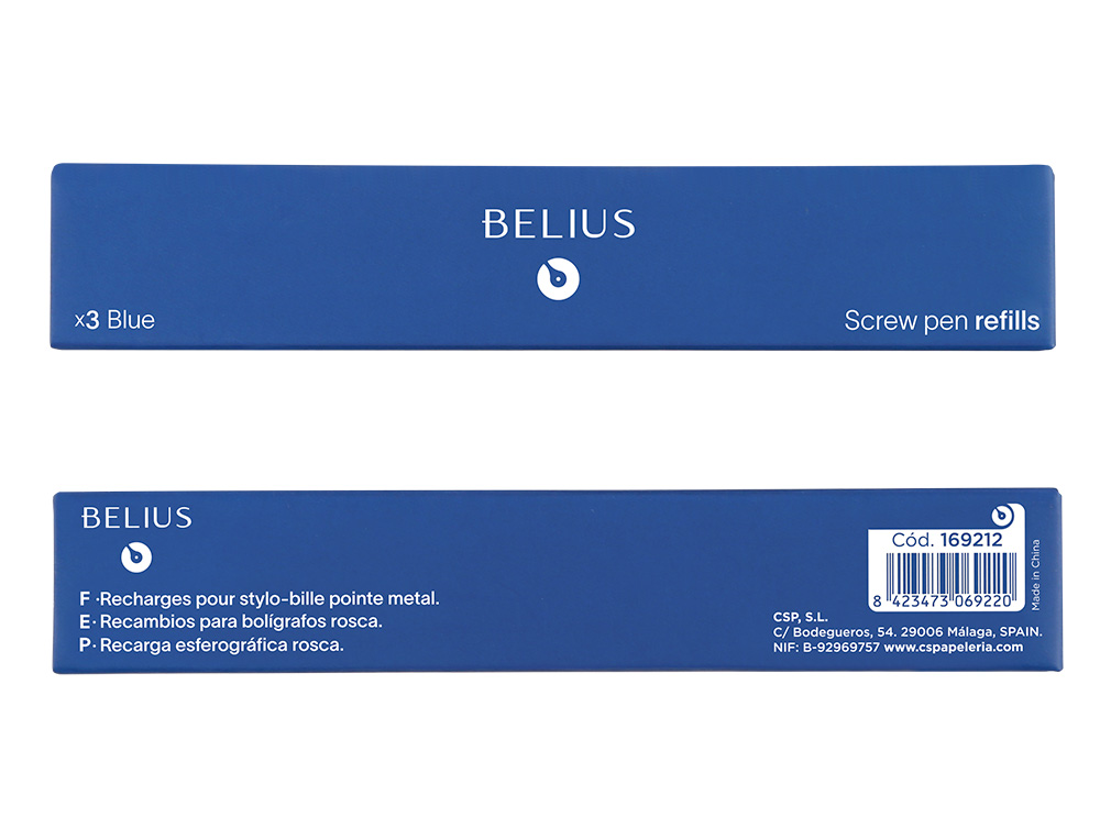 RECAMBIO BOLIGRAFO BELIUS CON ROSCA AZUL CAJA 3 UNIDADES