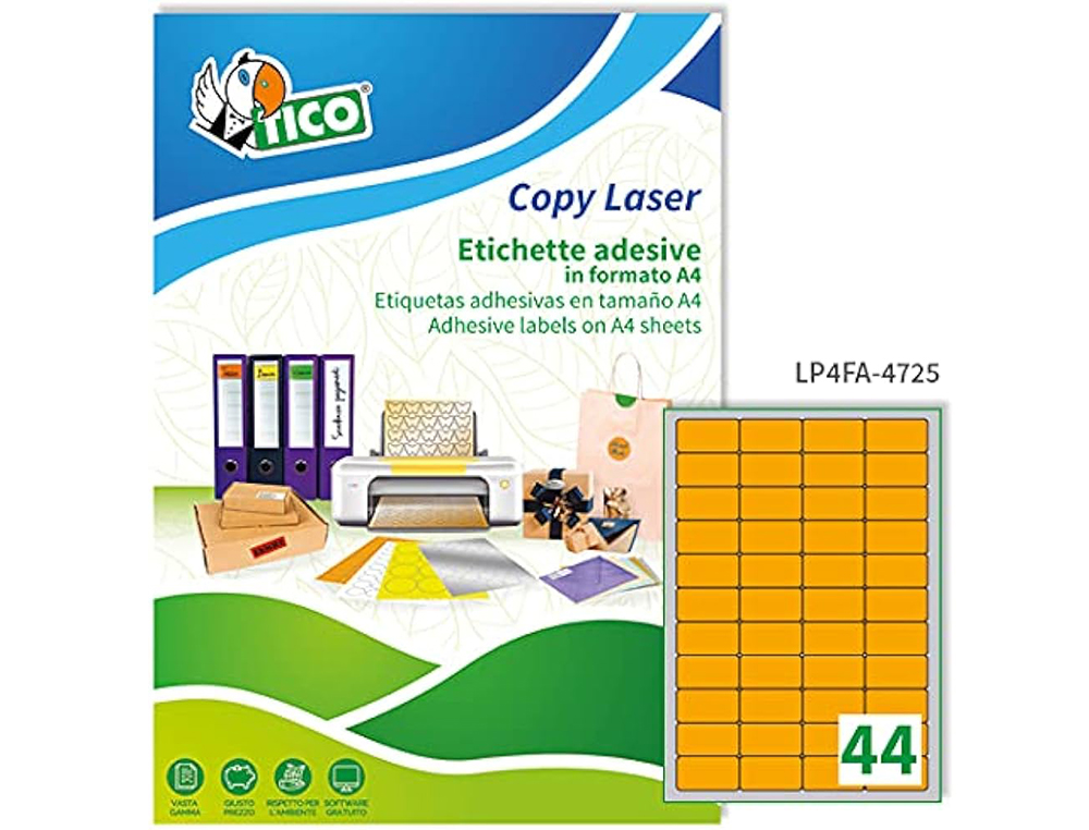 ETIQUETA ADHESIVA TICO NARANJA FLUORESCENTES PERMANENTE FSCLASER/INKJET/FOTOCOPIA 47,5X25,5 MM CAJA DE 3080 UNIDADES