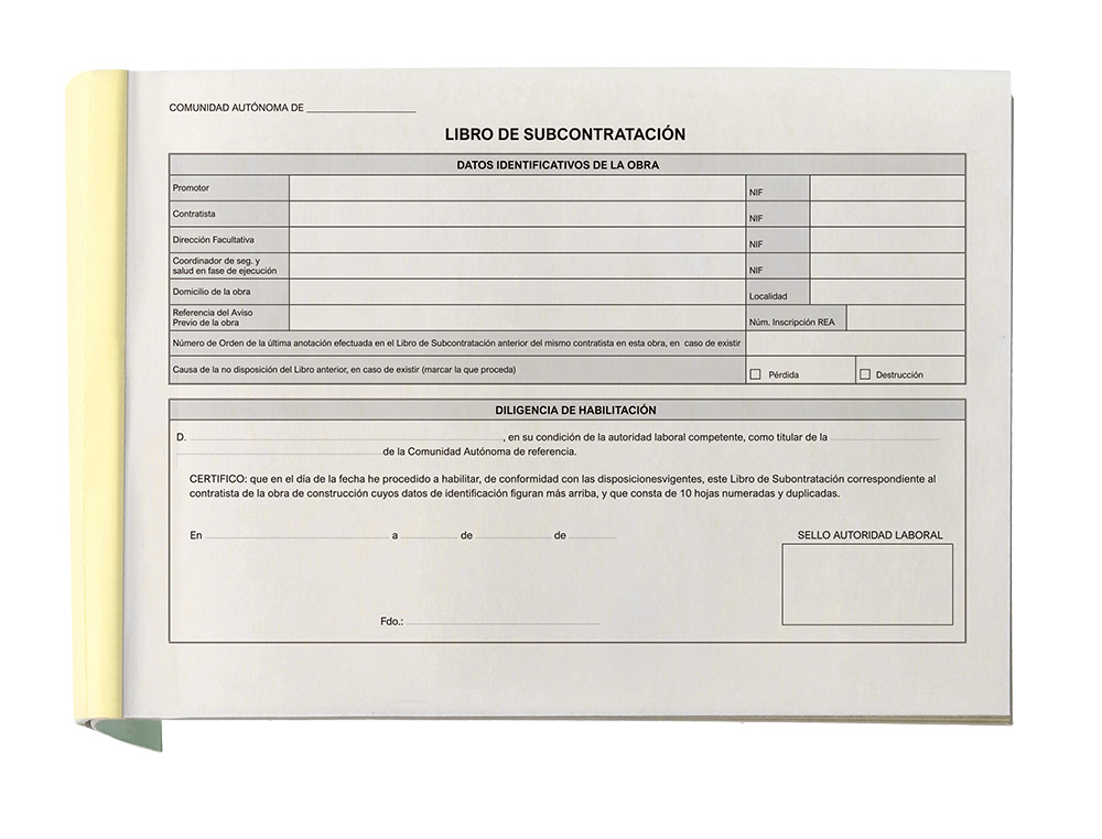 LIBRO LIDERPAPEL SUBCONTRATACION FOLIO JUEGO DE 10 HOJAS AUTOCOPIATIVAS