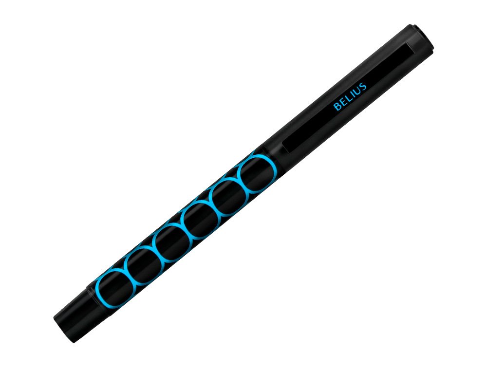 BOLIGRAFO BELIUS LEGACY ALUMINIO DISEÑO CIRCULOS AZUL CUERPO NEGRO TINTA COLOR AZUL CAJA DE DISEÑO