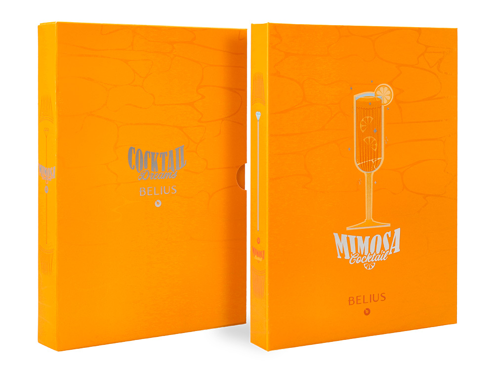 BOLIGRAFO Y WALLET BELIUS COCKTAILS MISOSA ALUMINIO NARANJA PLATEADO RELIEVE TINTACOLOR AZUL CAJA DE DISEÑO