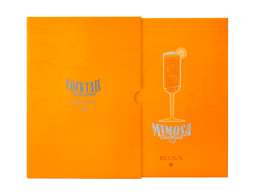 BOLIGRAFO Y WALLET BELIUS COCKTAILS MISOSA ALUMINIO NARANJA PLATEADO RELIEVE TINTACOLOR AZUL CAJA DE DISEÑO
