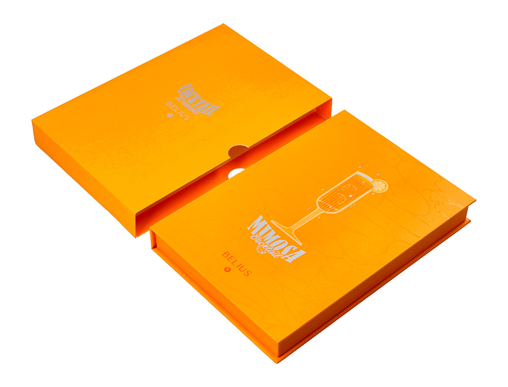 BOLIGRAFO Y WALLET BELIUS COCKTAILS MISOSA ALUMINIO NARANJA PLATEADO RELIEVE TINTACOLOR AZUL CAJA DE DISEÑO