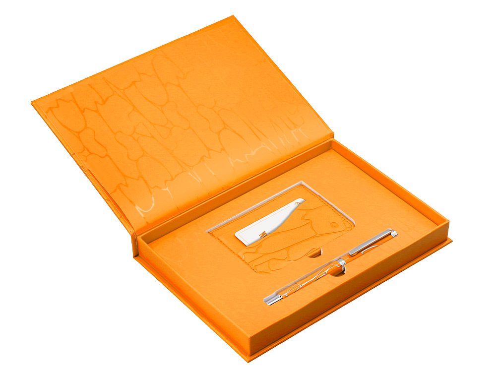 BOLIGRAFO Y WALLET BELIUS COCKTAILS MISOSA ALUMINIO NARANJA PLATEADO RELIEVE TINTACOLOR AZUL CAJA DE DISEÑO