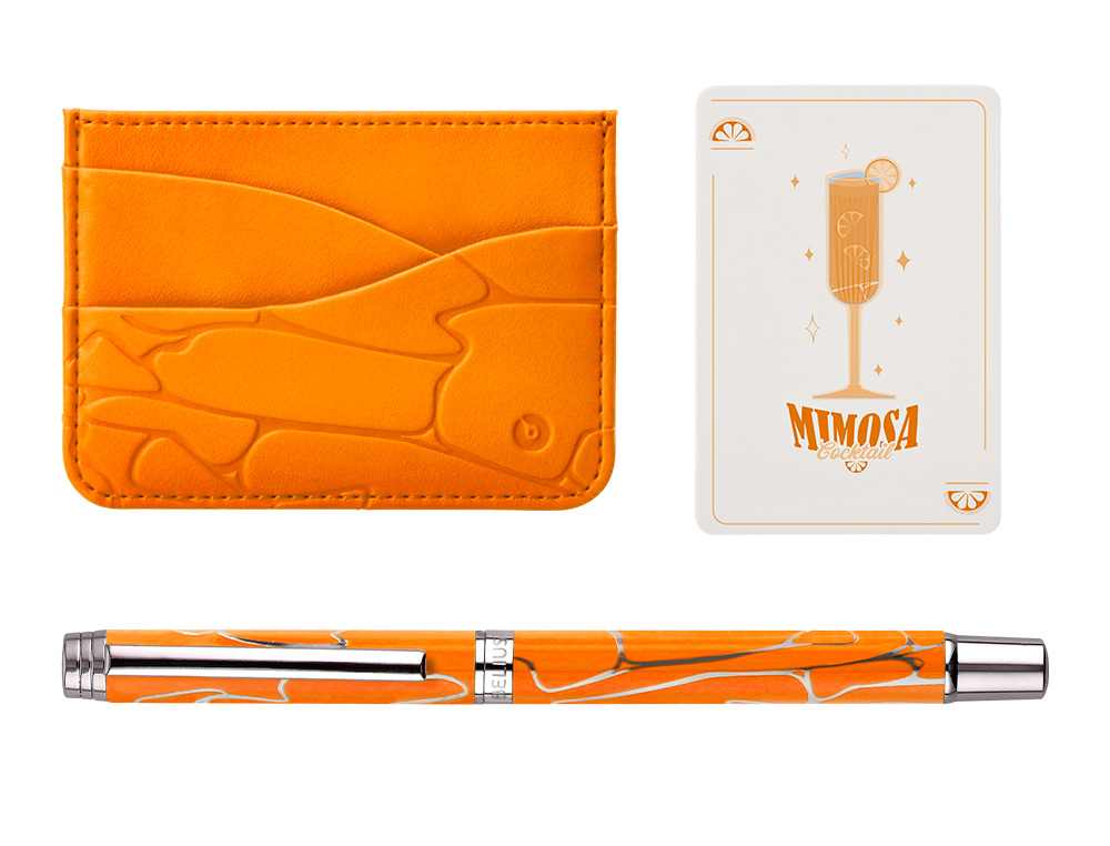 BOLIGRAFO Y WALLET BELIUS COCKTAILS MISOSA ALUMINIO NARANJA PLATEADO RELIEVE TINTACOLOR AZUL CAJA DE DISEÑO