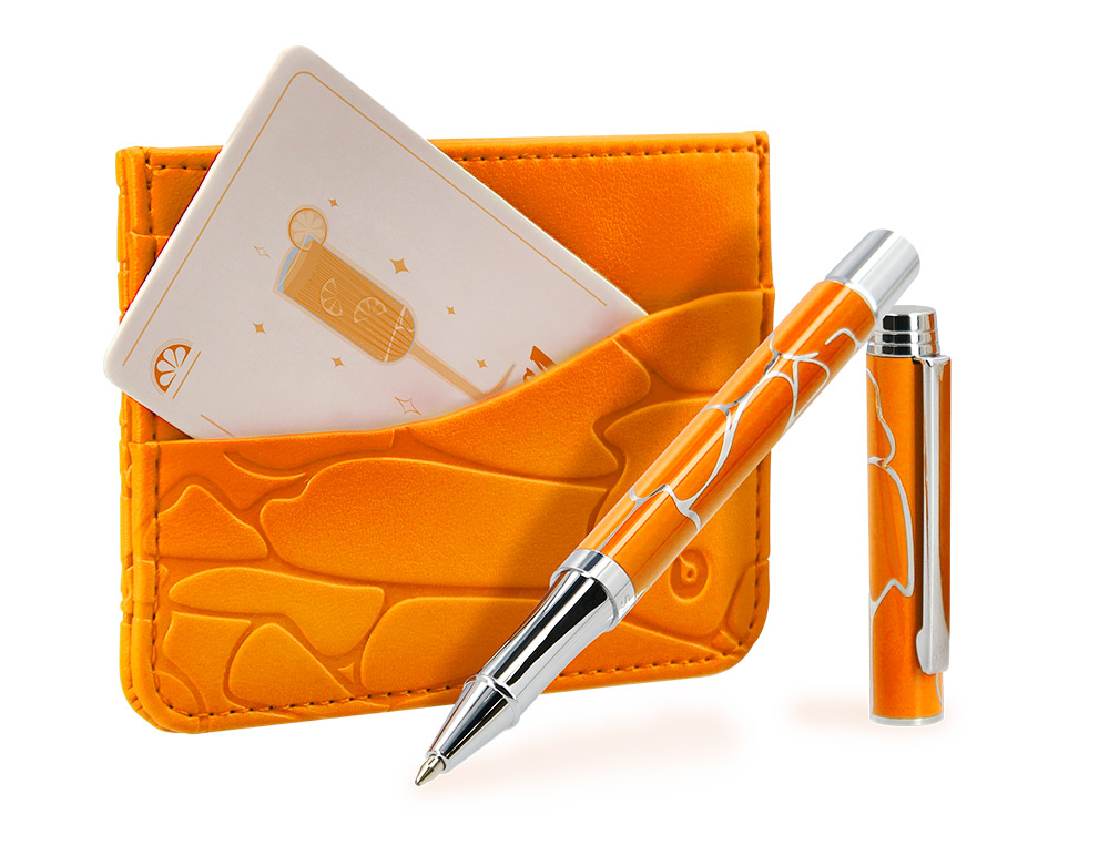 BOLIGRAFO Y WALLET BELIUS COCKTAILS MISOSA ALUMINIO NARANJA PLATEADO RELIEVE TINTACOLOR AZUL CAJA DE DISEÑO
