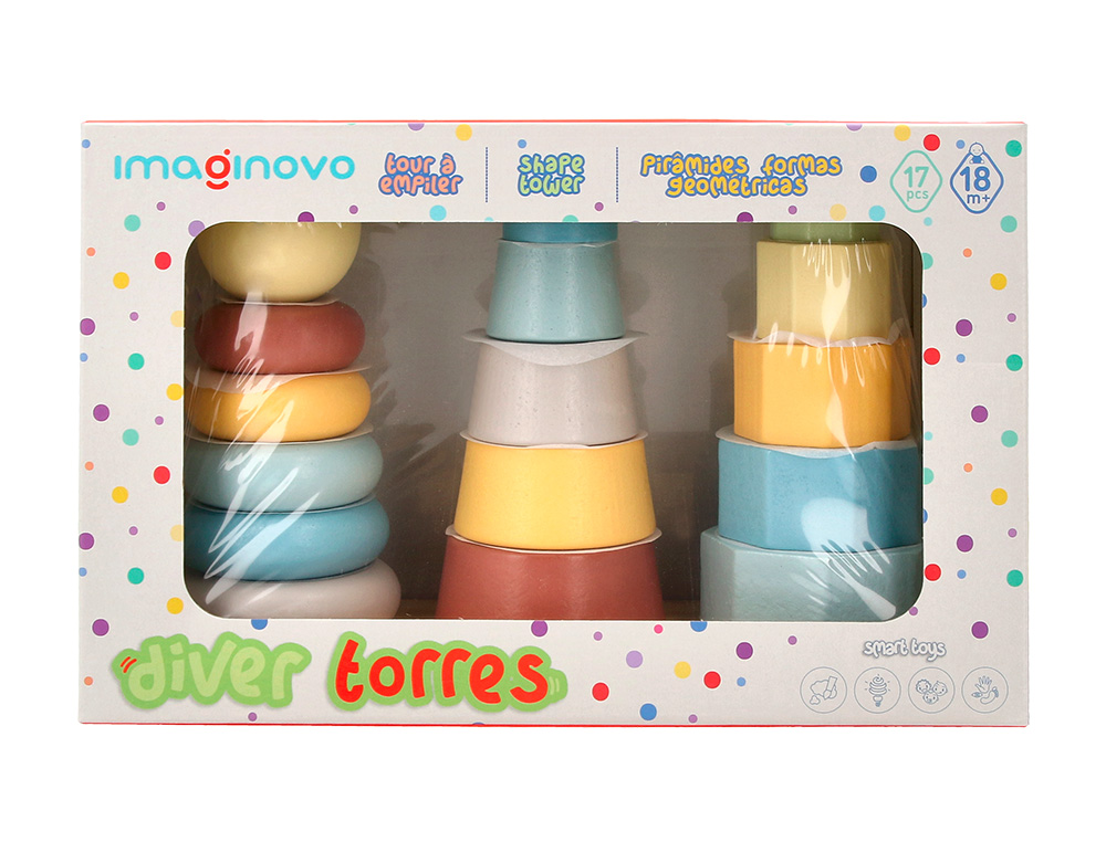 JUEGO INFANTIL IMAGINOVO MADERA TORRE DE FORMAS APILABLES +18 MESES 17 PIEZAS 28X20X9CM
