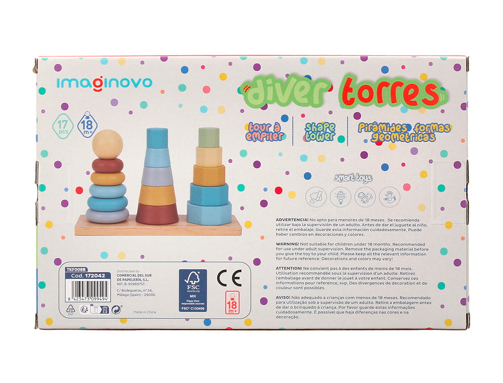 JUEGO INFANTIL IMAGINOVO MADERA TORRE DE FORMAS APILABLES +18 MESES 17 PIEZAS 28X20X9CM
