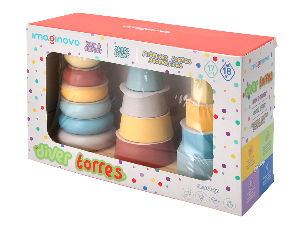 JUEGO INFANTIL IMAGINOVO MADERA TORRE DE FORMAS APILABLES +18 MESES 17 PIEZAS 28X20X9CM