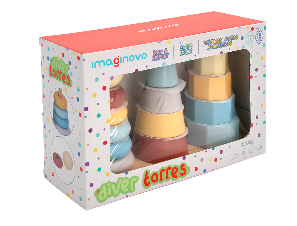 JUEGO INFANTIL IMAGINOVO MADERA TORRE DE FORMAS APILABLES +18 MESES 17 PIEZAS 28X20X9CM