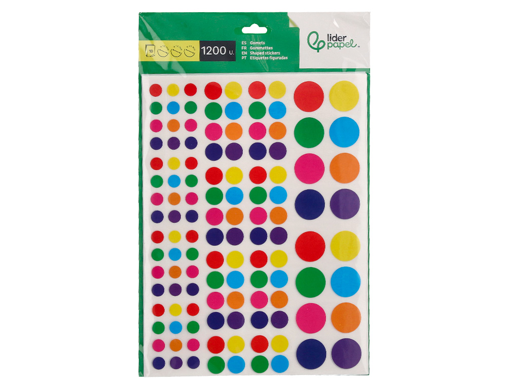 GOMETS LIDERPAPEL AUTOADHESIVO CIRCULOS COLORES Y TAMAÑOS SURTIDOS BOLSA DE 10 HOJAS 1200 UNIDADES