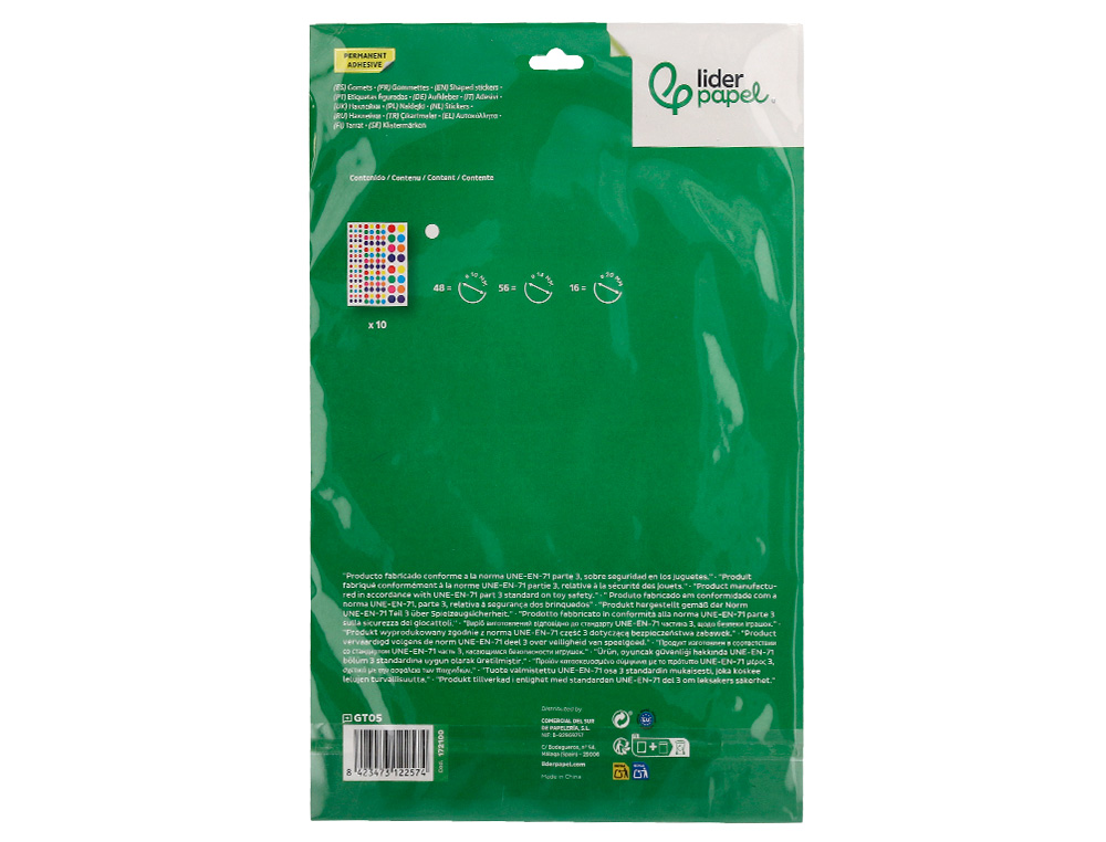GOMETS LIDERPAPEL AUTOADHESIVO CIRCULOS COLORES Y TAMAÑOS SURTIDOS BOLSA DE 10 HOJAS 1200 UNIDADES