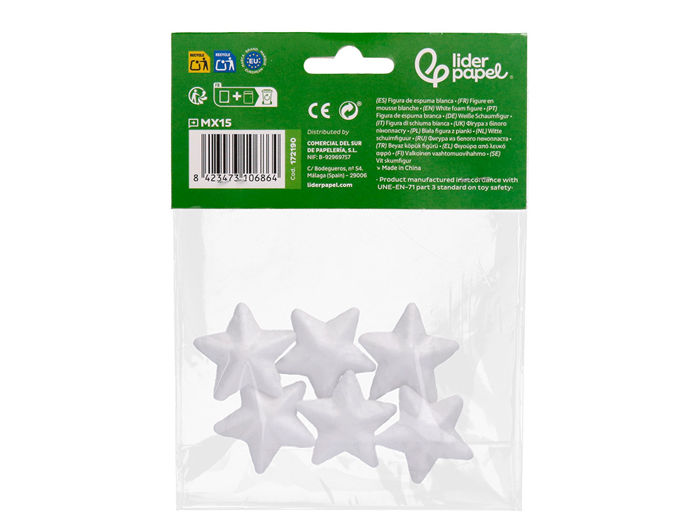 FIGURA DE ESPUMA BLANCA LIDERPAPEL ESTRELLA DE 4 CM BOLSA CON 6 UNIDADES