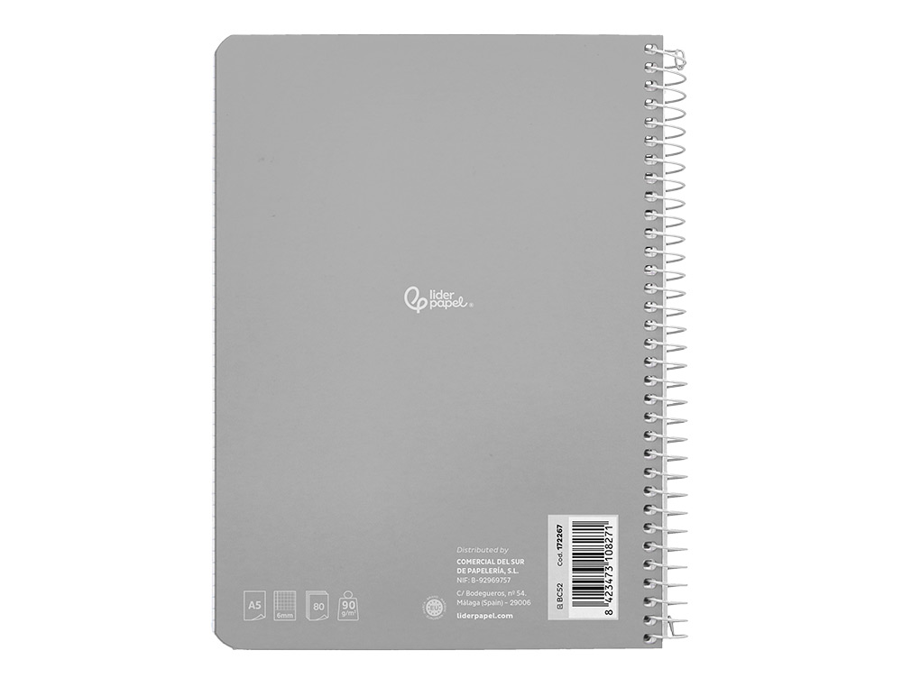 CUADERNO ESPIRAL LIDERPAPEL A5 WITTY TAPA DURA 80H 90GR CUADRO 6MM CON MARGEN COLORES SURTIDOS