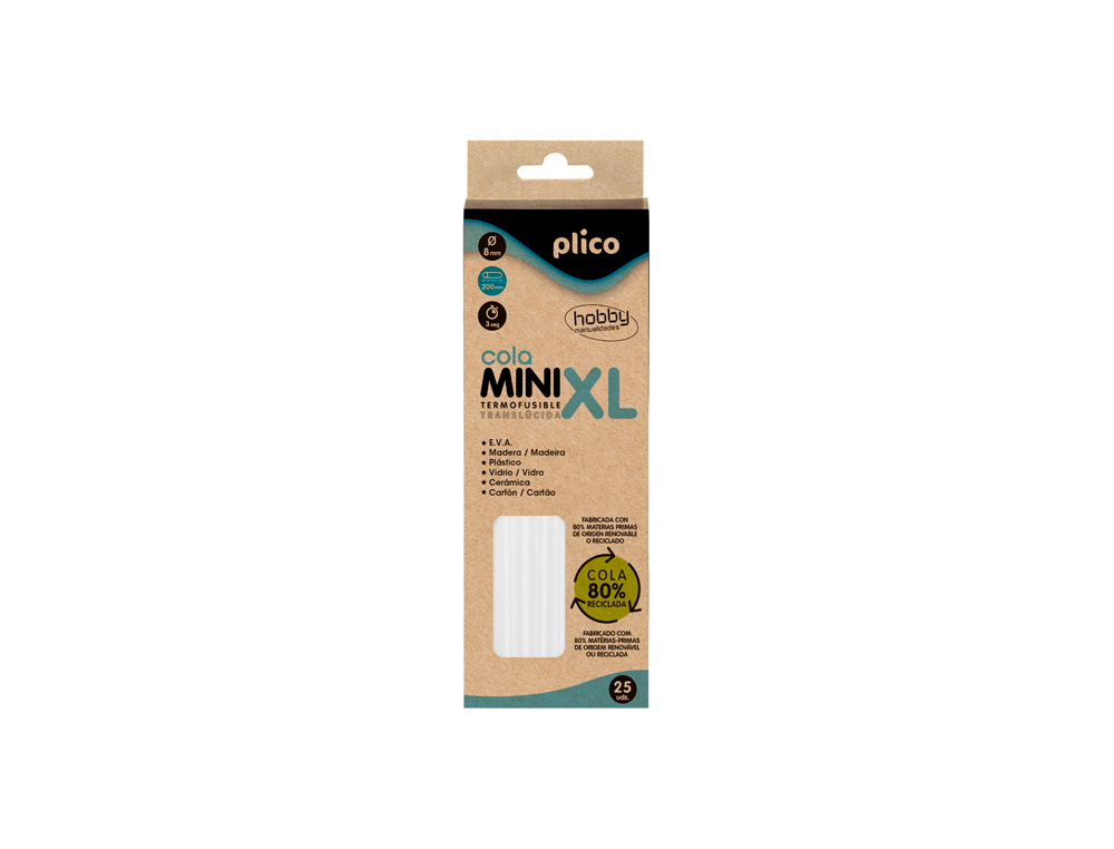 BARRA TERMOFUSIBLE PLICO COLA MINI XL RECICLADA 8 MM DE DIAMETRO X 200 MM DE ALTO BLISTER DE 25 UNIDADES