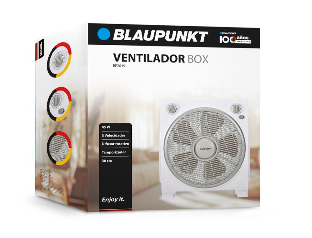 VENTILADOR DE SUELO BLAUPUNKT BOX FAN 45W 30CM DIAMETRO 5 ASPAS 3 VELOCIDADES CON TEMPORIZADOR Y REJILLA