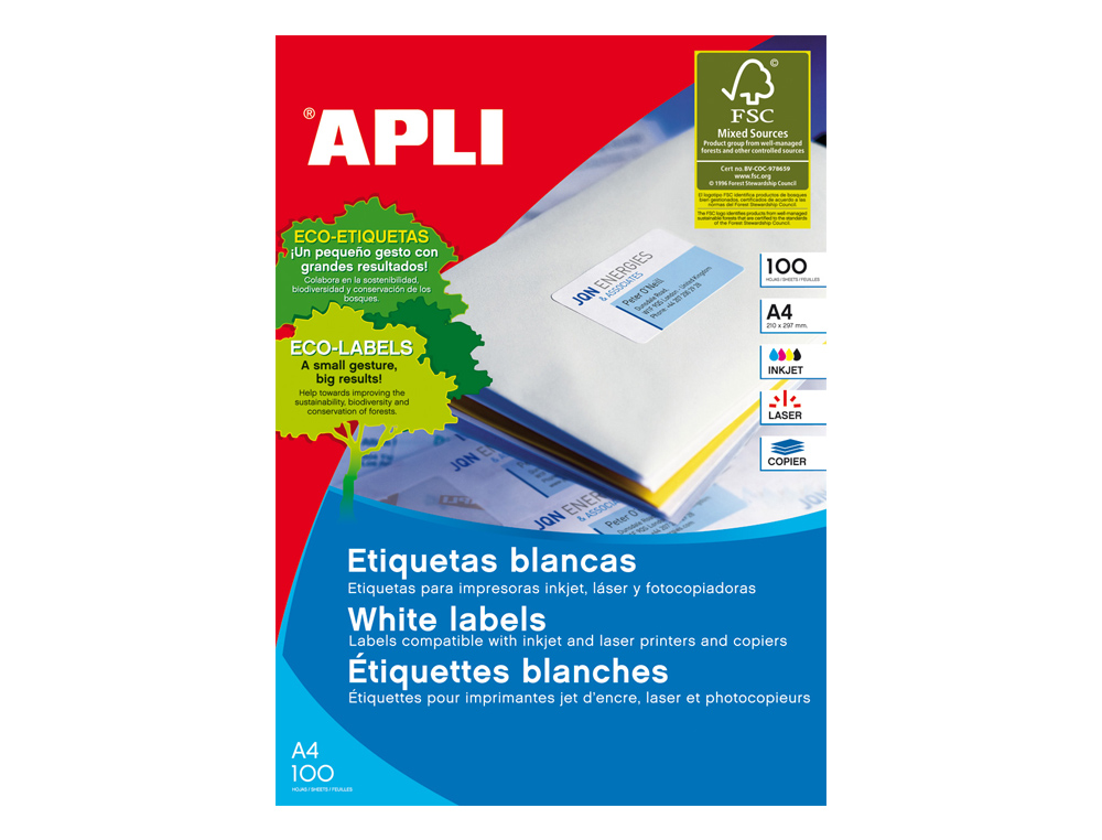 ETIQUETA ADHESIVA APLI 1285 TAMAÑO 48,5X25,4 MM PARA FOTOCOPIADORA LASER INK-JET CAJA CON 100 HOJAS DIN A4