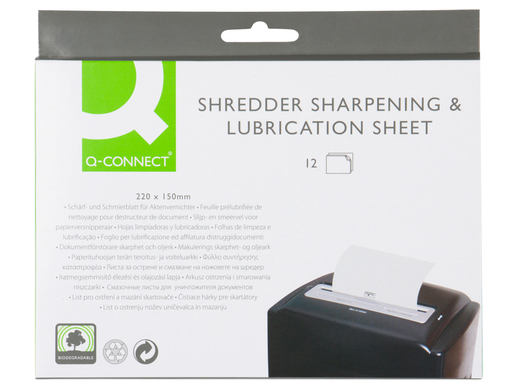 HOJAS LUBRICANTES Y AFILADORAS Q-CONNECT PARA DESTRUCTORA PAQUETE DE 12 HOJAS TAMAÑO 220X150 MM