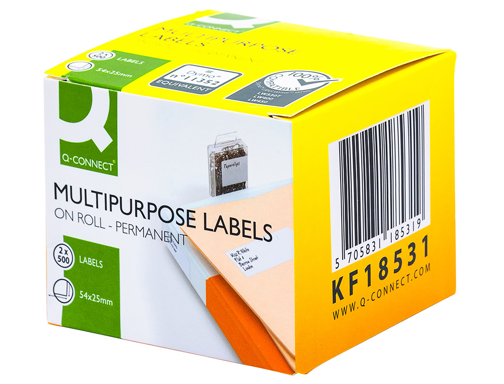 ETIQUETA ADHESIVA PERMANENTE Q-CONNECT KF18531 COMPATIBLE DYMO 11352 TAMAÑO 54X25 MM CAJA CON 500 ETIQUETAS