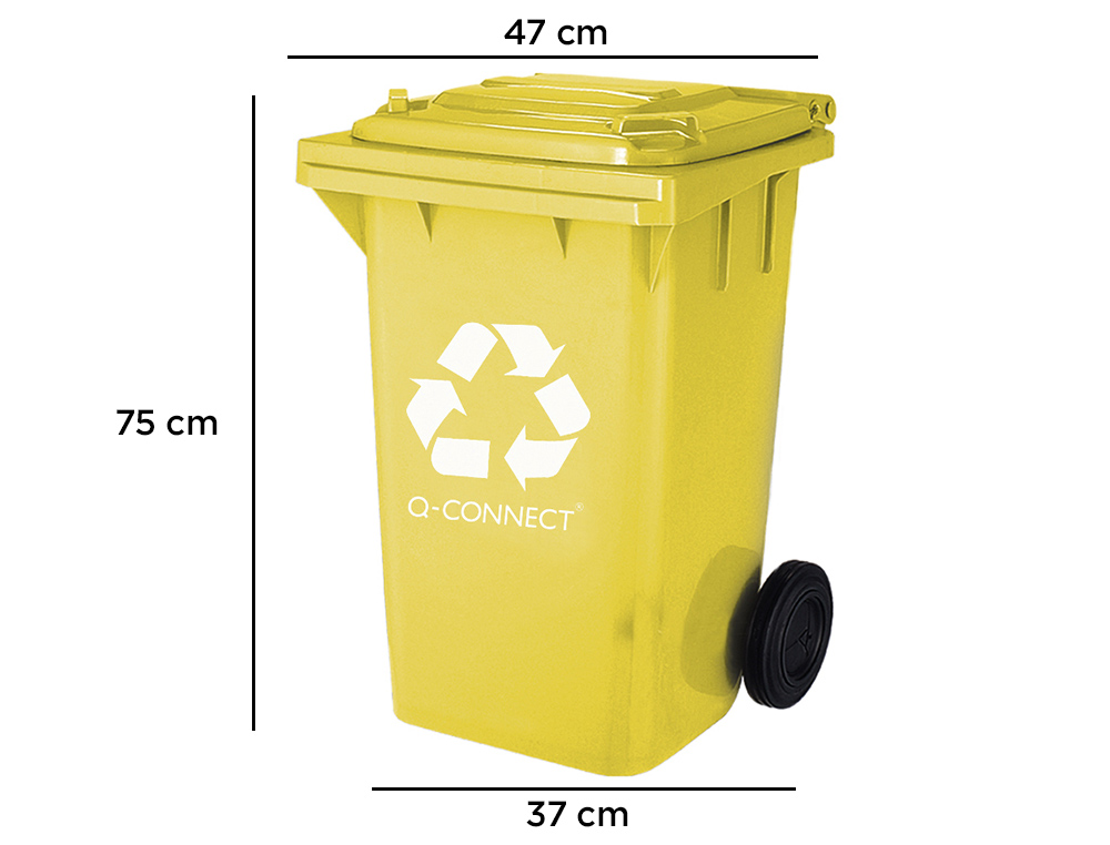 PAPELERA CONTENEDOR Q-CONNECT PLASTICO AMARILLO PARA PLASTICOS Y ENVASES METALICOS 100L CON TAPA Y RUEDAS 750X470X370 MM