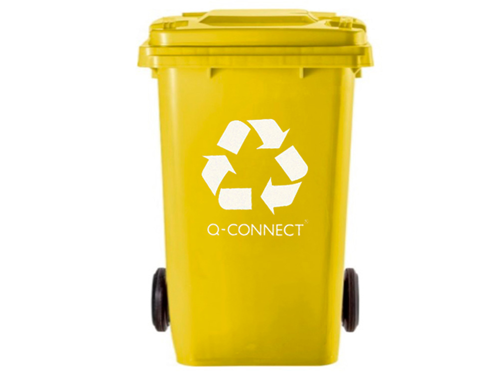 PAPELERA CONTENEDOR Q-CONNECT PLASTICO AMARILLO PARA PLASTICOS Y ENVASES METALICOS 100L CON TAPA Y RUEDAS 750X470X370 MM