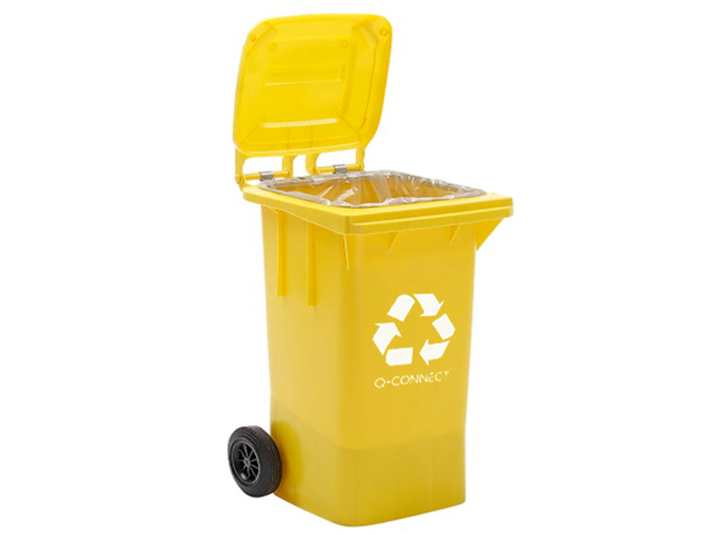 PAPELERA CONTENEDOR Q-CONNECT PLASTICO AMARILLO PARA PLASTICOS Y ENVASES METALICOS 100L CON TAPA Y RUEDAS 750X470X370 MM