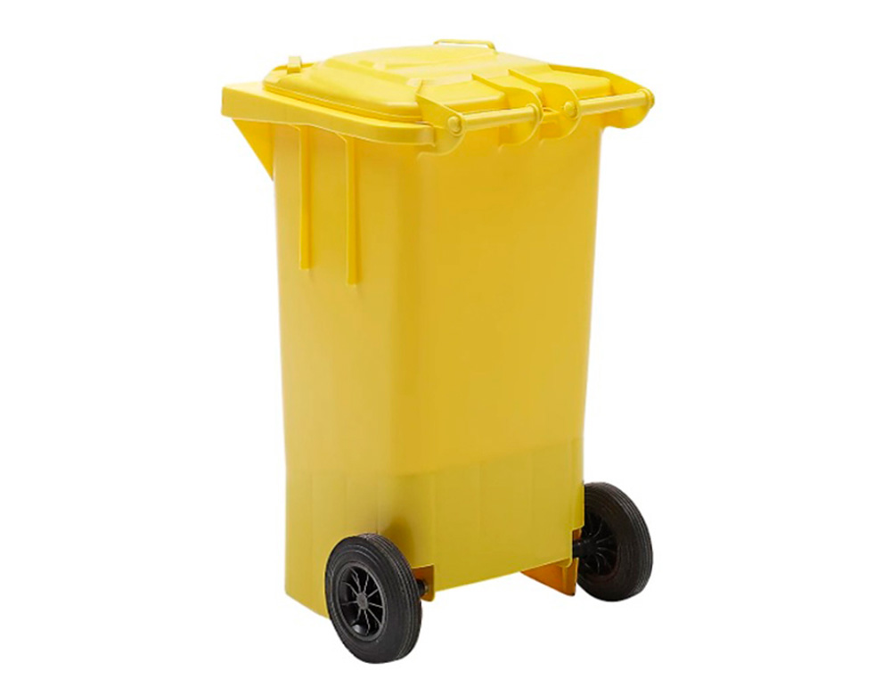 PAPELERA CONTENEDOR Q-CONNECT PLASTICO AMARILLO PARA PLASTICOS Y ENVASES METALICOS 100L CON TAPA Y RUEDAS 750X470X370 MM