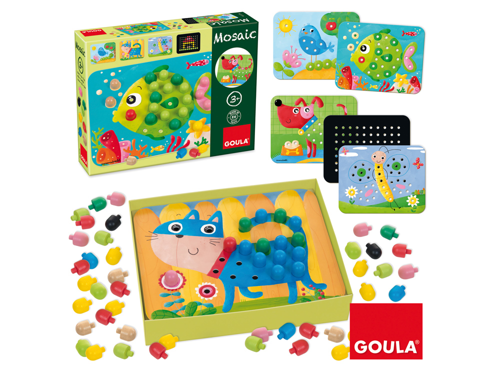 JUEGO GOULA DIDACTICO MOSAICO CON PIVOTES DE COLORES Y LAMINAS DE ANIMALES +3 AÑOS