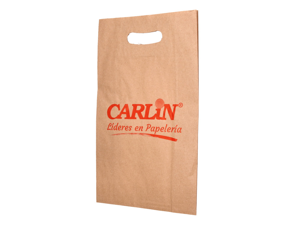 BOLSA KRAFT VERJURADO ASA TROQUELADO CARLIN 24X43+10 CM 60 GR CAJA DE 500 UNIDADES