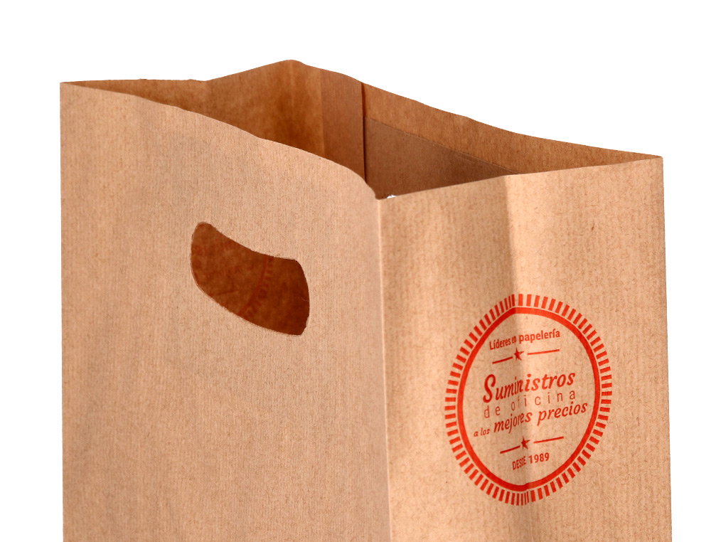 BOLSA KRAFT VERJURADO ASA TROQUELADO CARLIN 24X43+10 CM 60 GR CAJA DE 500 UNIDADES