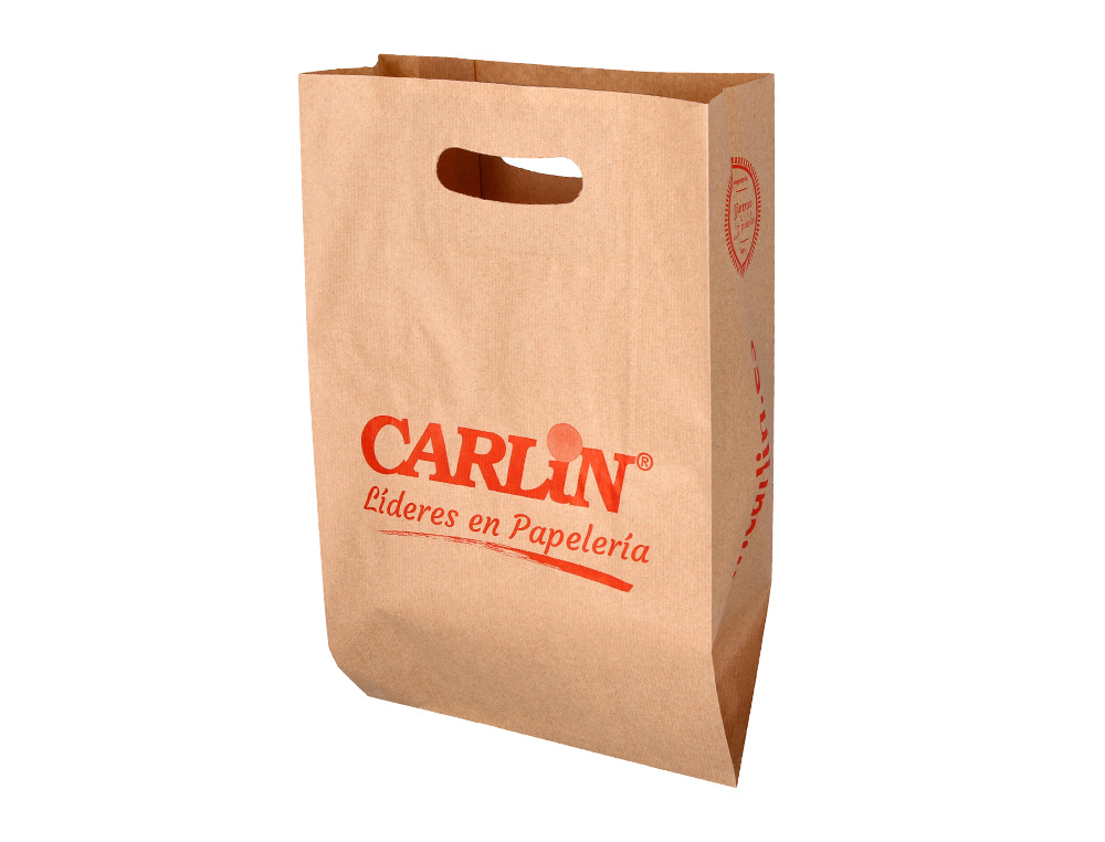 BOLSA KRAFT VERJURADO ASA TROQUELADO CARLIN 24X43+10 CM 60 GR CAJA DE 500 UNIDADES