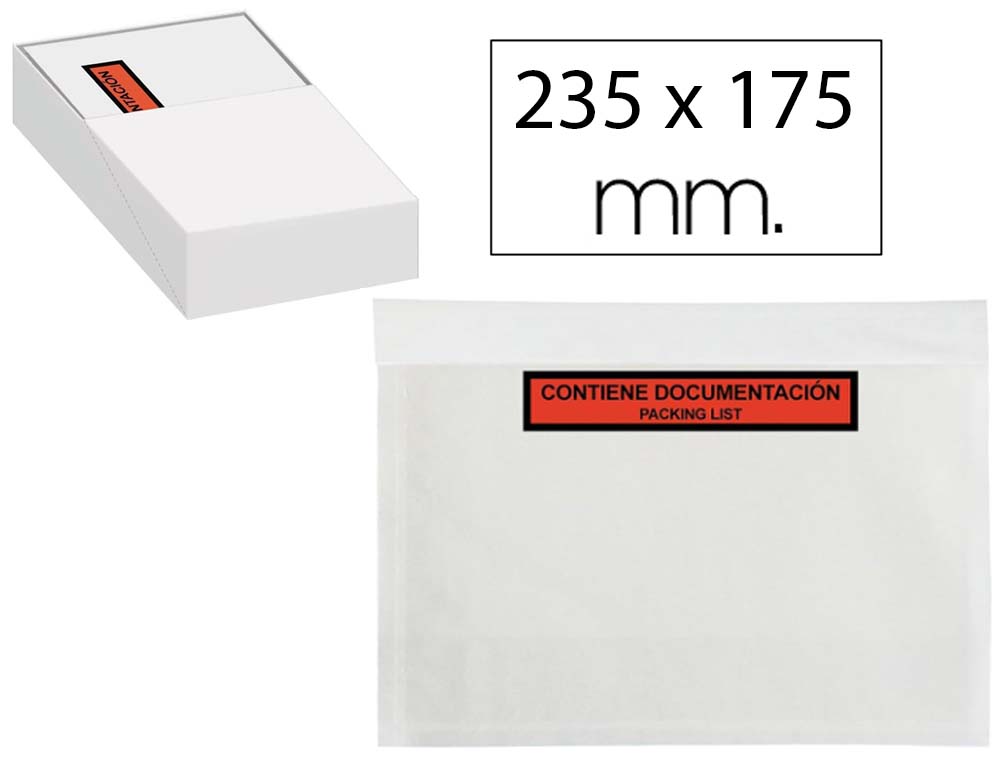 SOBRE PACKING LIST 235X175 ADHESIVO CONTIENE DOCUMENTACION CAJA 250UD.