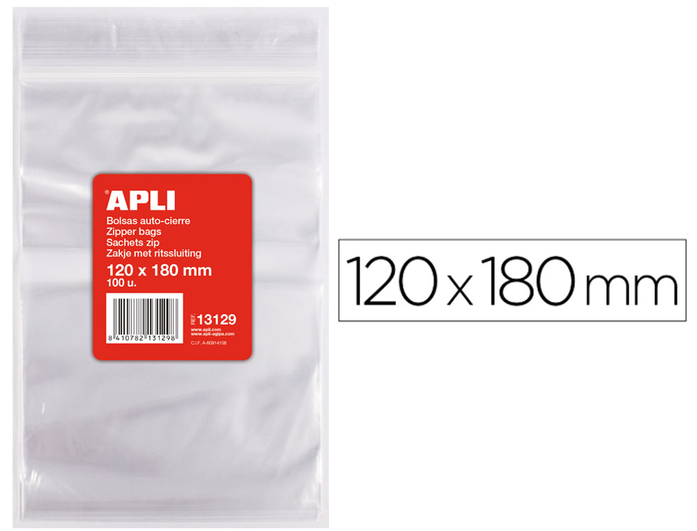 Bolsa plastico autocierre APLI 120x180 mm paquete de 100 unidades 13129